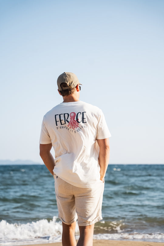 T-shirt coton bio Kétos écru détail logo poitrine brodé